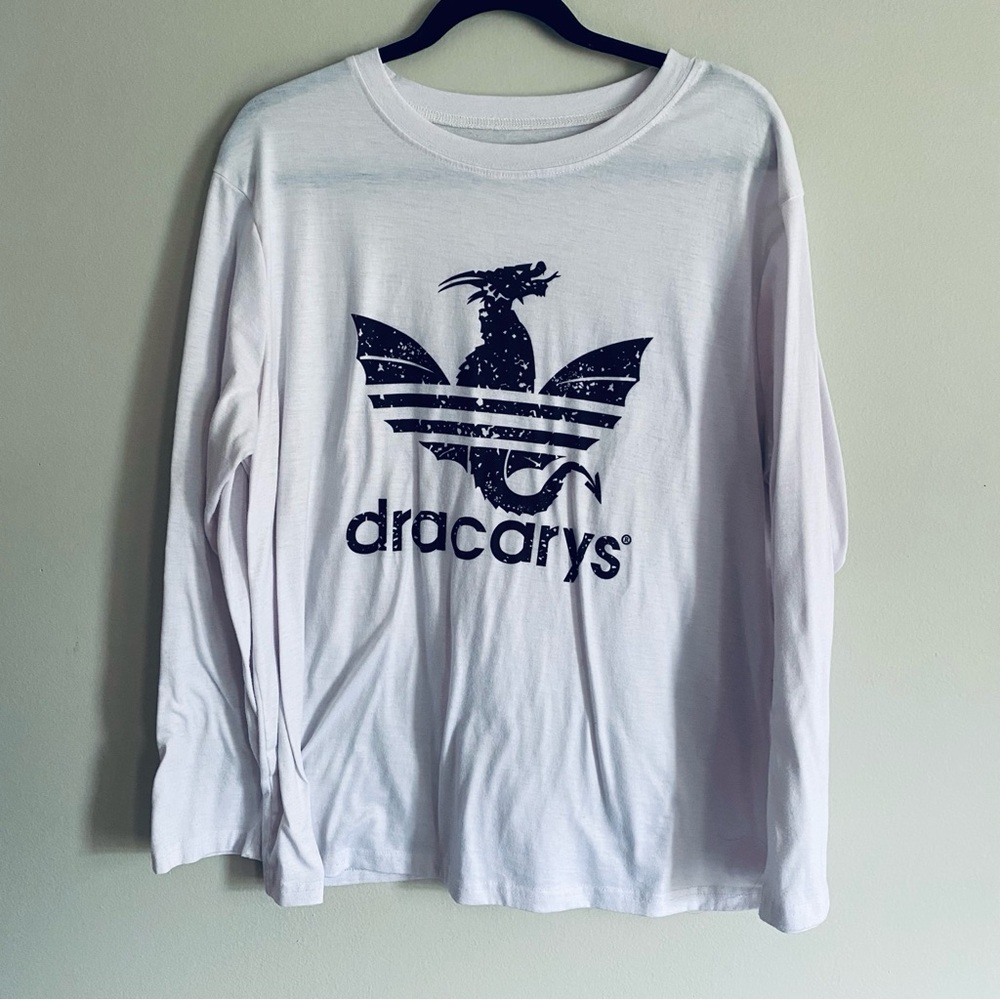 Women's White Long Sleeve Crew Neck Athletic Dracarys Dragon Graphic T Shirt 1XL